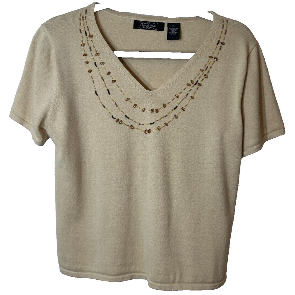 Crystal Kobe Blouse Sz PL Beige V-Neck Beaded Short Sleeved Cotton Pullover Top